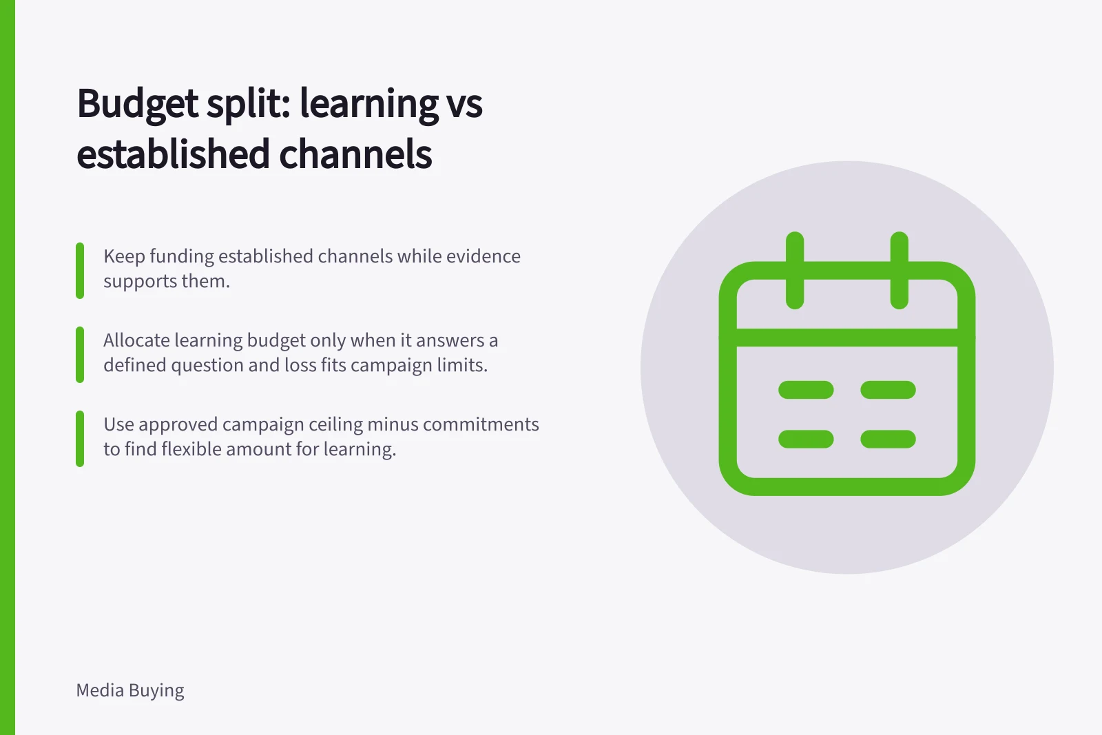 Budget split: learning vs established channels: Keep funding established channels while evidence supports them.; Allocate learning budget only when it answers a defined question and loss fits campaign limits.; Use approved campaign ceiling minus commitments to find flexible amount for learning.