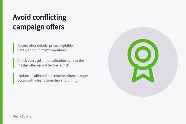 Avoid conflicting campaign offers: Record offer details: price, eligibility, dates, and fulfilment conditions.; Check every ad and destination against the master offer record before launch.; Update all affected placements when changes occur, with clear ownership and timing. Avoiding contradictory offers across campaign channels