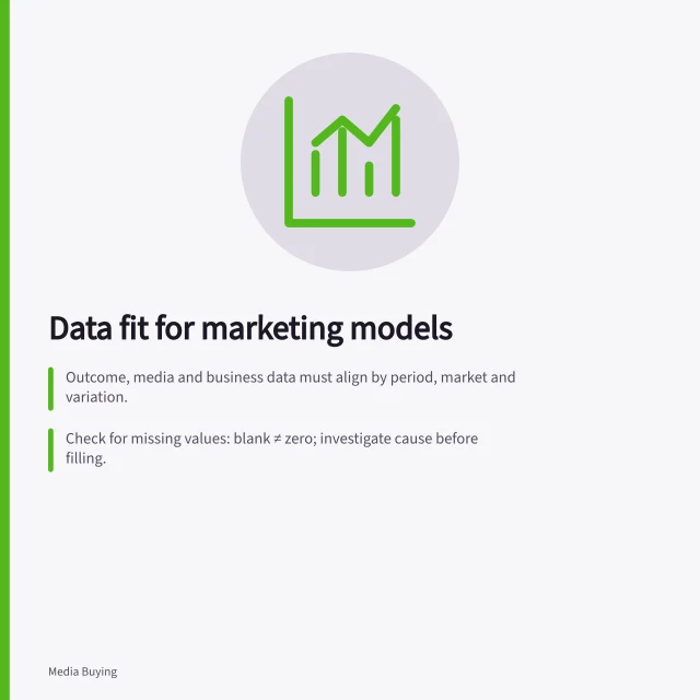 Data fit for marketing models: Outcome, media and business data must align by period, market and variation.; Check for missing values: blank ≠ zero; investigate cause before filling.; Use at least three years of weekly data for national models to ensure reliability. Checking whether available data can support modelling