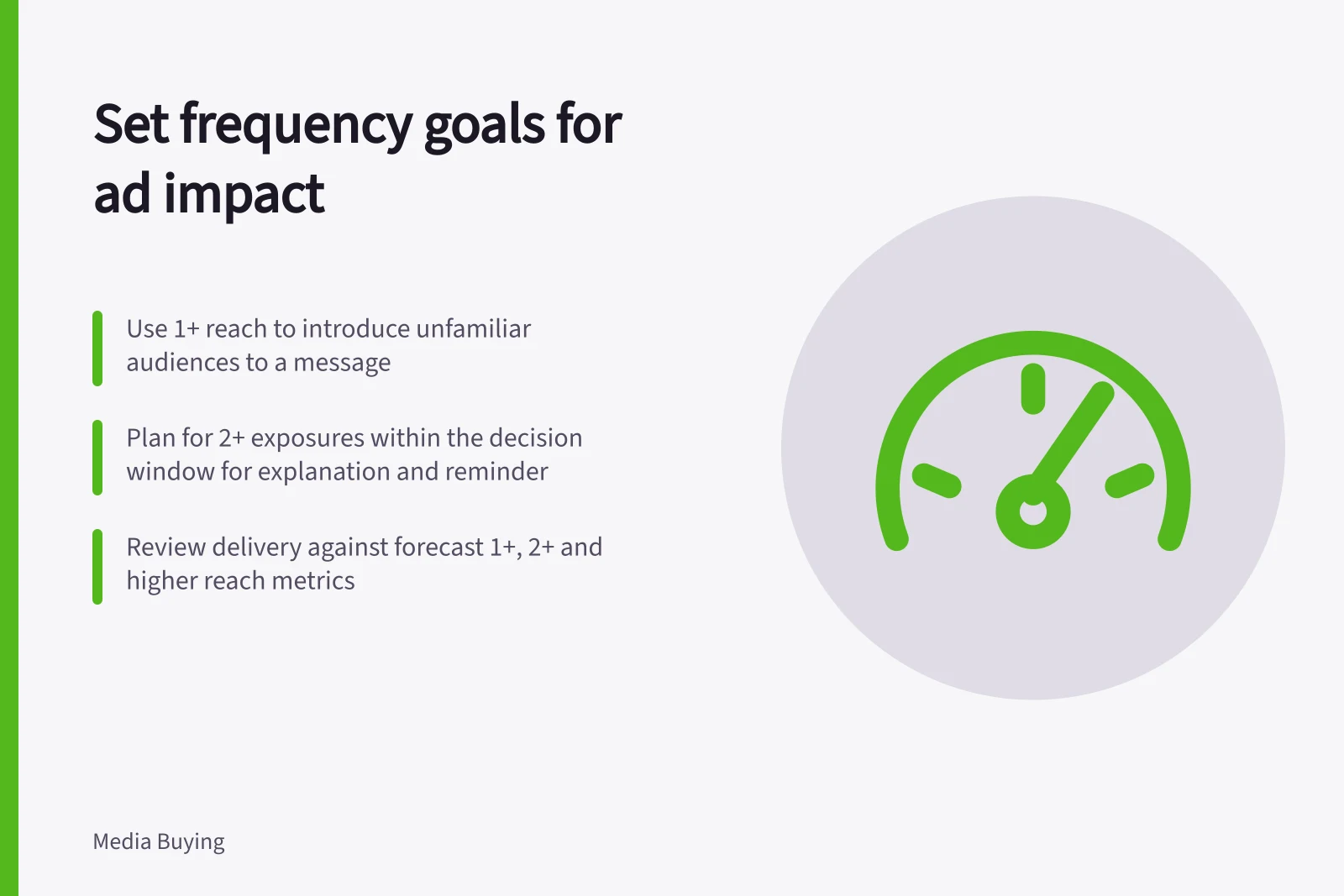 Set frequency goals for ad impact: Use 1+ reach to introduce unfamiliar audiences to a message; Plan for 2+ exposures within the decision window for explanation and reminder; Review delivery against forecast 1+, 2+ and higher reach metrics