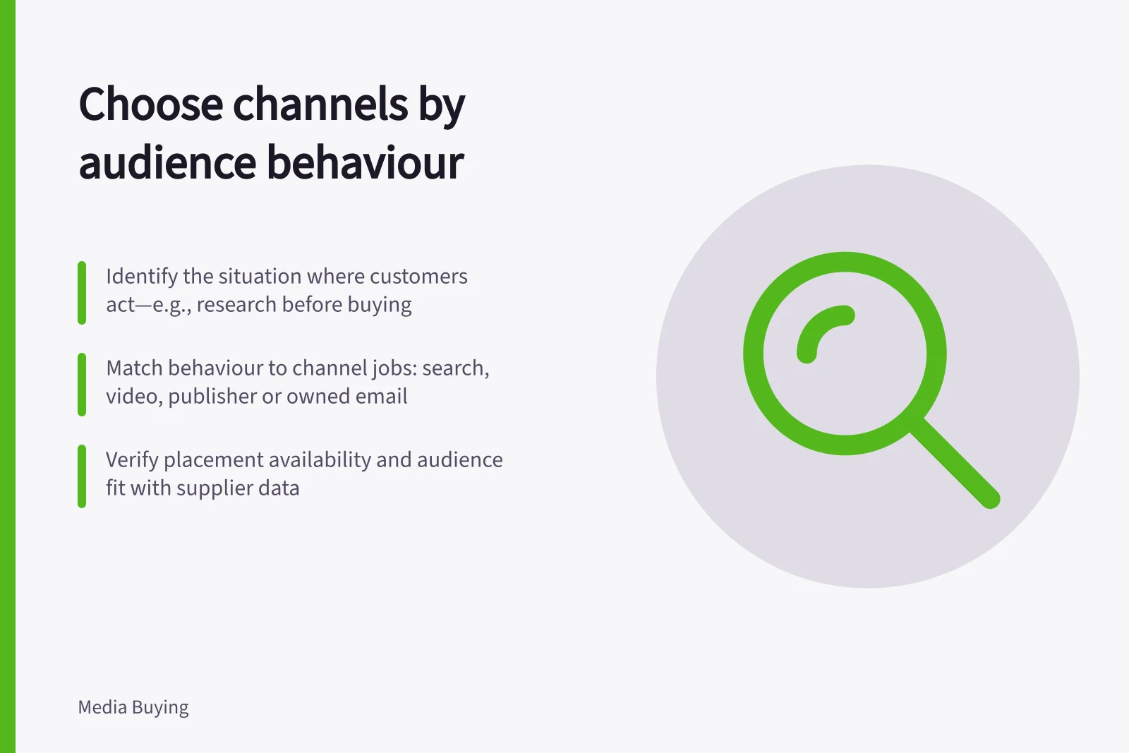 Choose channels by audience behaviour: Identify the situation where customers act—e.g., research before buying; Match behaviour to channel jobs: search, video, publisher or owned email; Verify placement availability and audience fit with supplier data