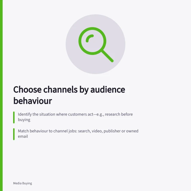 Choose channels by audience behaviour: Identify the situation where customers act—e.g., research before buying; Match behaviour to channel jobs: search, video, publisher or owned email; Verify placement availability and audience fit with supplier data. Choosing channels from audience behaviour