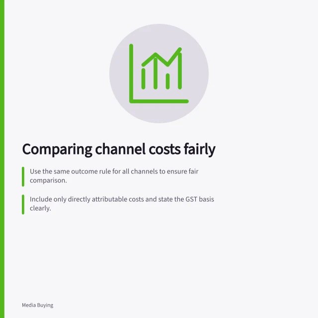 Comparing channel costs fairly: Use the same outcome rule for all channels to ensure fair comparison.; Include only directly attributable costs and state the GST basis clearly.; Report media-only cost per accepted enquiry with clear attribution rules. Comparing channel costs on a consistent outcome