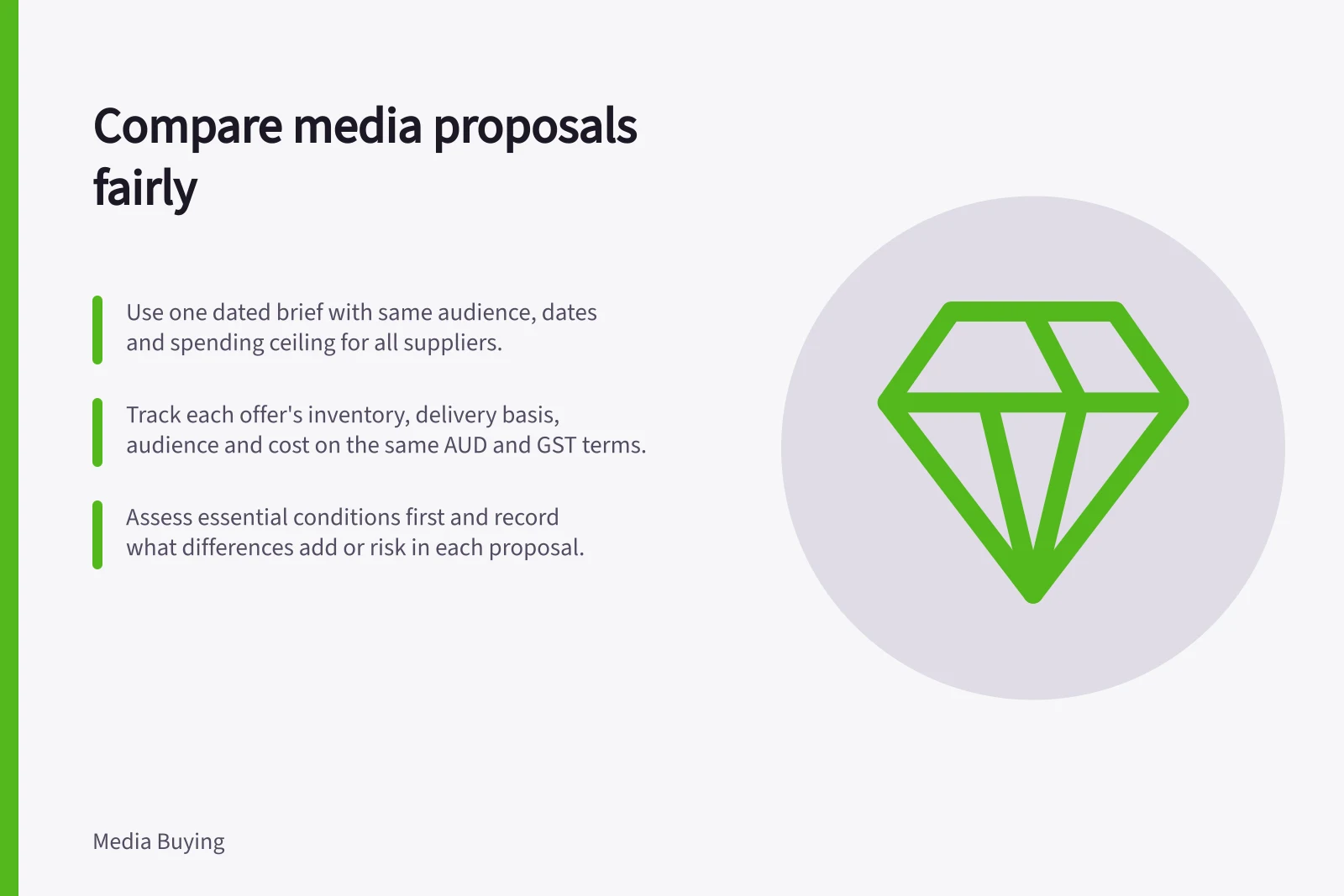 Compare media proposals fairly: Use one dated brief with same audience, dates and spending ceiling for all suppliers.; Track each offer's inventory, delivery basis, audience and cost on the same AUD and GST terms.; Assess essential conditions first and record what differences add or risk in each proposal.