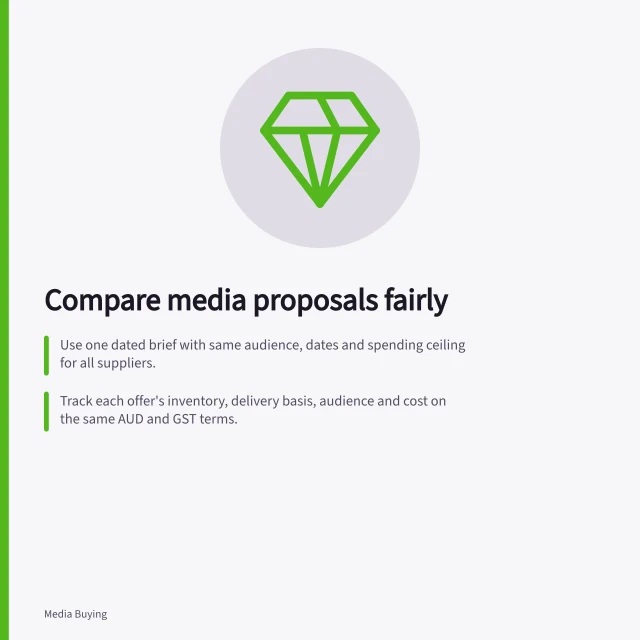 Compare media proposals fairly: Use one dated brief with same audience, dates and spending ceiling for all suppliers.; Track each offer's inventory, delivery basis, audience and cost on the same AUD and GST terms.; Assess essential conditions first and record what differences add or risk in each proposal. Comparing proposals against the same media brief