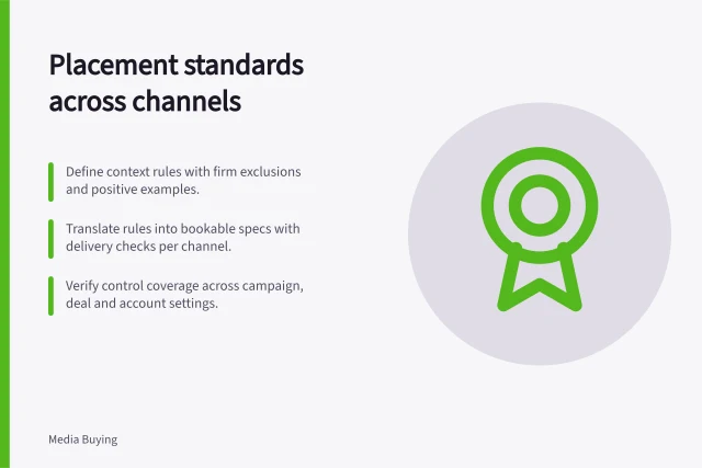 Placement standards across channels: Define context rules with firm exclusions and positive examples.; Translate rules into bookable specs with delivery checks per channel.; Verify control coverage across campaign, deal and account settings. Defining placement standards across channels
