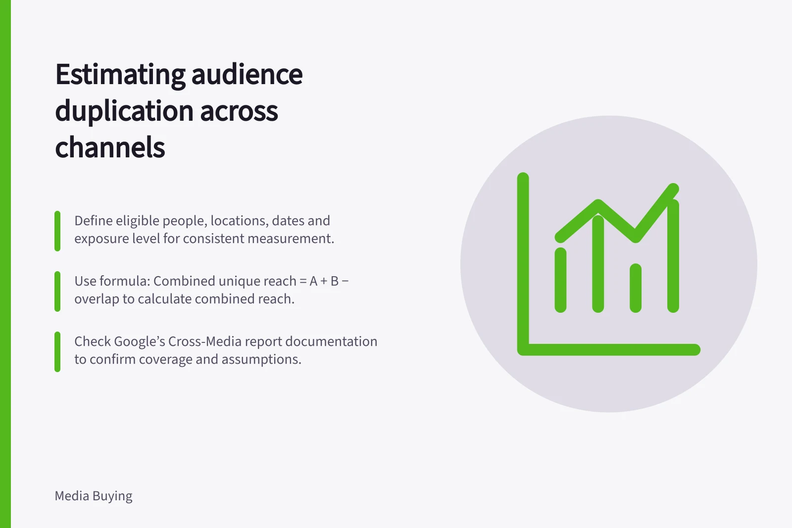 Estimating audience duplication across channels: Define eligible people, locations, dates and exposure level for consistent measurement.; Use formula: Combined unique reach = A + B − overlap to calculate combined reach.; Check Google’s Cross-Media report documentation to confirm coverage and assumptions.