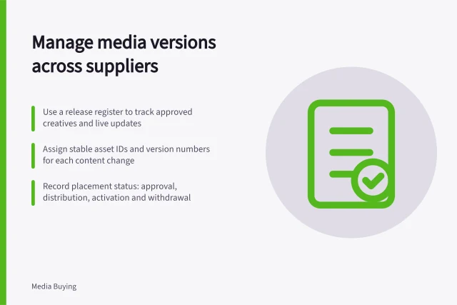 Manage media versions across suppliers: Use a release register to track approved creatives and live updates; Assign stable asset IDs and version numbers for each content change; Record placement status: approval, distribution, activation and withdrawal. Keeping version control across media suppliers