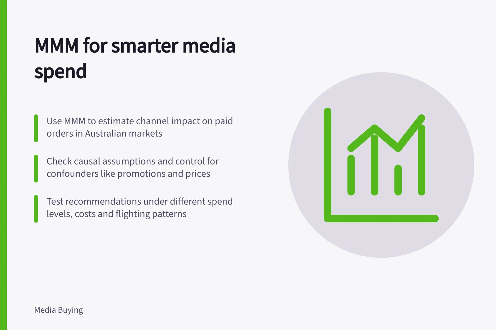 MMM for smarter media spend: Use MMM to estimate channel impact on paid orders in Australian markets; Check causal assumptions and control for confounders like promotions and prices; Test recommendations under different spend levels, costs and flighting patterns