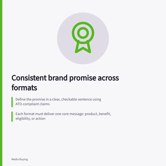 Consistent brand promise across formats: Define the promise in a clear, checkable sentence using ATO-compliant claims; Each format must deliver one core message: product, benefit, eligibility, or action; Review ads side-by-side to ensure no unsupported implications in imagery or copy. Matching the same brand promise to different formats