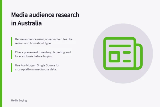 Media audience research in Australia: Define audience using observable rules like region and household type.; Check placement inventory, targeting and forecast basis before buying.; Use Roy Morgan Single Source for cross-platform media-use data. Media audience research