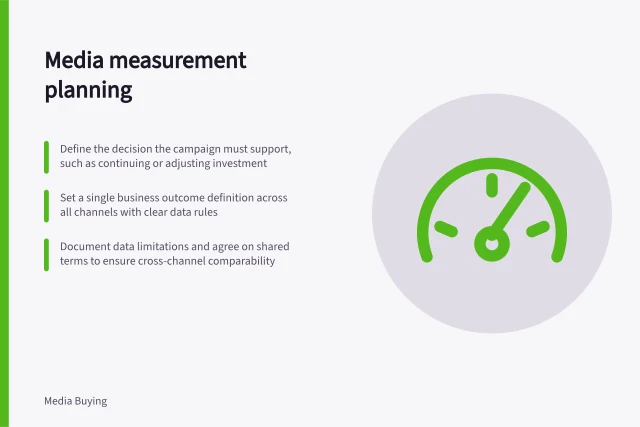 Media measurement planning: Define the decision the campaign must support, such as continuing or adjusting investment; Set a single business outcome definition across all channels with clear data rules; Document data limitations and agree on shared terms to ensure cross-channel comparability. Media measurement planning