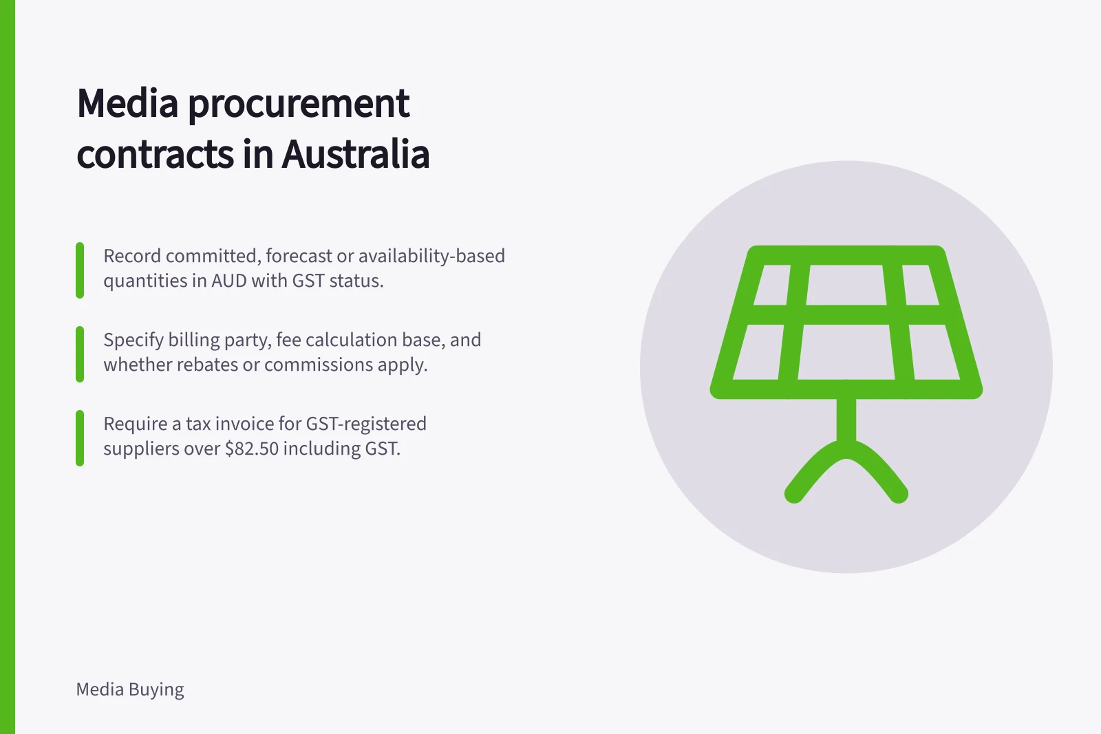 Media procurement contracts in Australia: Record committed, forecast or availability-based quantities in AUD with GST status.; Specify billing party, fee calculation base, and whether rebates or commissions apply.; Require a tax invoice for GST-registered suppliers over $82.50 including GST.
