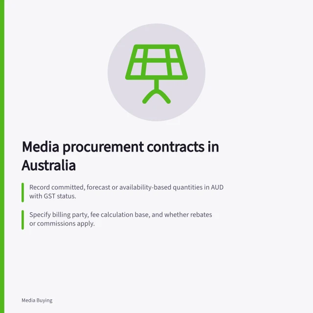 Media procurement contracts in Australia: Record committed, forecast or availability-based quantities in AUD with GST status.; Specify billing party, fee calculation base, and whether rebates or commissions apply.; Require a tax invoice for GST-registered suppliers over $82.50 including GST. Media procurement and contracts