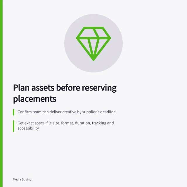 Plan assets before reserving placements: Confirm team can deliver creative by supplier's deadline; Get exact specs: file size, format, duration, tracking and accessibility; Create a deliverable register with owners, dates and replacement routes. Planning asset requirements before reserving placements