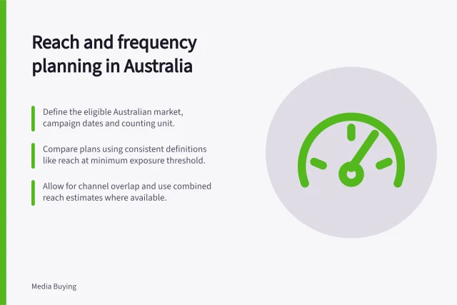 Reach and frequency planning in Australia: Define the eligible Australian market, campaign dates and counting unit.; Compare plans using consistent definitions like reach at minimum exposure threshold.; Allow for channel overlap and use combined reach estimates where available. Reach and frequency planning
