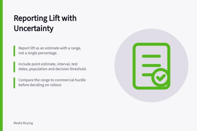 Reporting Lift with Uncertainty: Report lift as an estimate with a range, not a single percentage.; Include point estimate, interval, test dates, population and decision threshold.; Compare the range to commercial hurdle before deciding on rollout. Reporting uncertainty in an incremental lift result