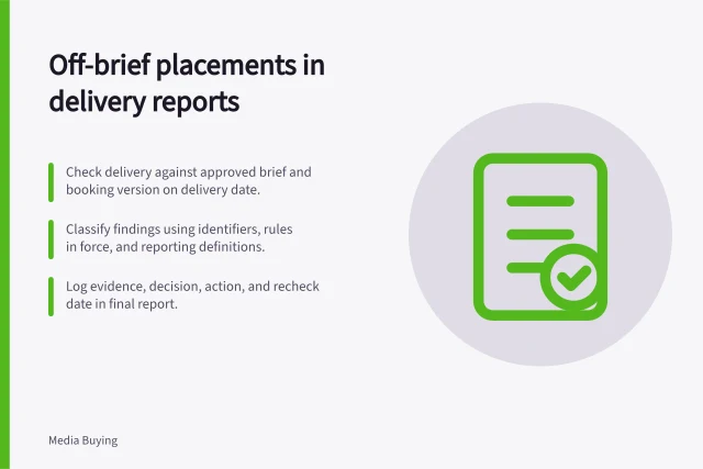 Off-brief placements in delivery reports: Check delivery against approved brief and booking version on delivery date.; Classify findings using identifiers, rules in force, and reporting definitions.; Log evidence, decision, action, and recheck date in final report. Reviewing off-brief placements in a delivery report