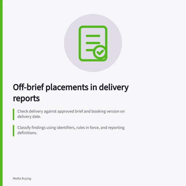 Off-brief placements in delivery reports: Check delivery against approved brief and booking version on delivery date.; Classify findings using identifiers, rules in force, and reporting definitions.; Log evidence, decision, action, and recheck date in final report. Reviewing off-brief placements in a delivery report